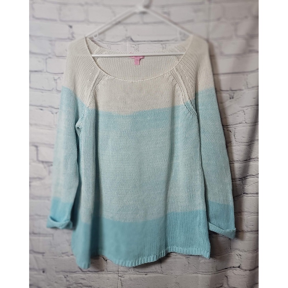 Lilly Pulitzer Sweater Womens XL Blue White Colorblock Boat Neck Cotton Knit